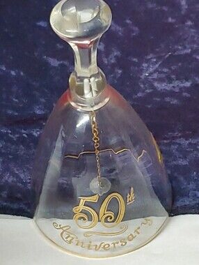 Clear Glass Wedding 50th Anniversary Bell with Gilded Accents 5" Lotus 22 Karat